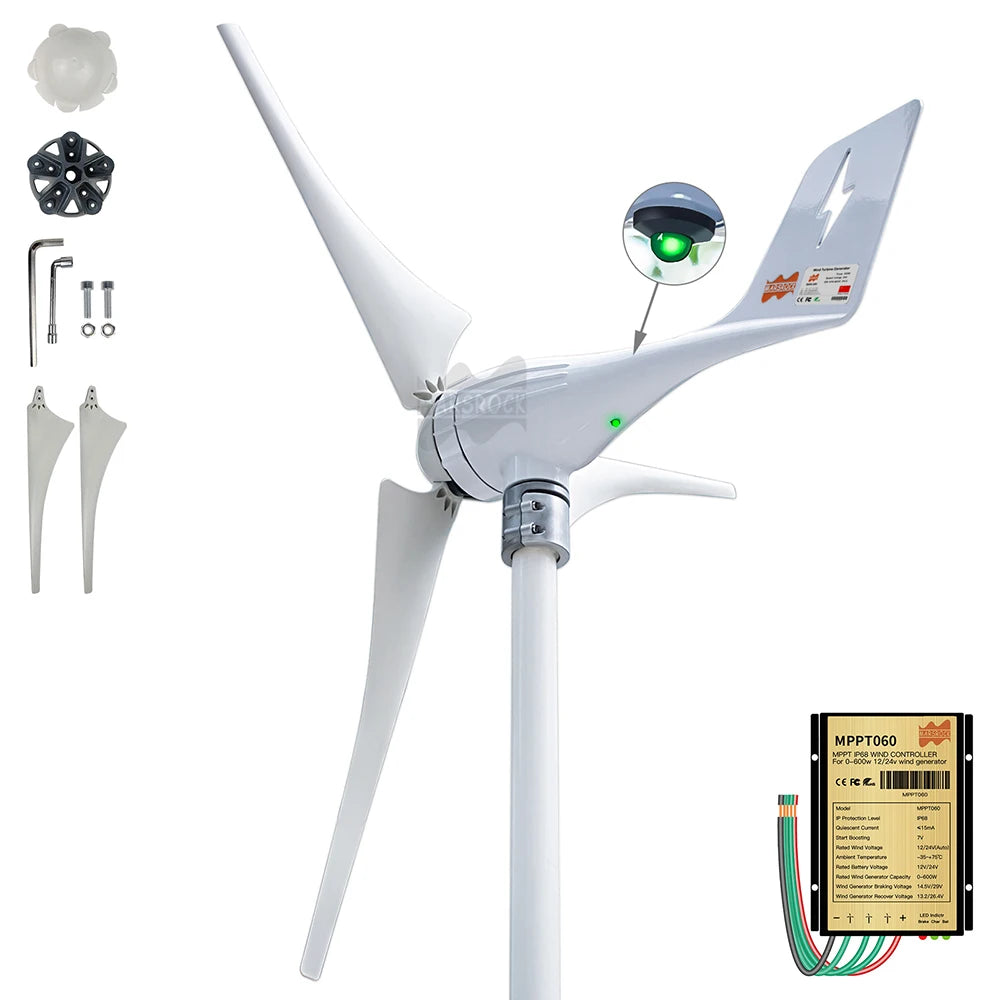 600W 12V 24V Wind Turbine Generator 3 5 Blades Residential wind Generator with Free MPPT Controller