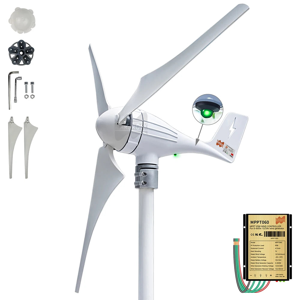 600W 12V 24V Wind Turbine Generator 3 5 Blades Residential wind Generator with Free MPPT Controller