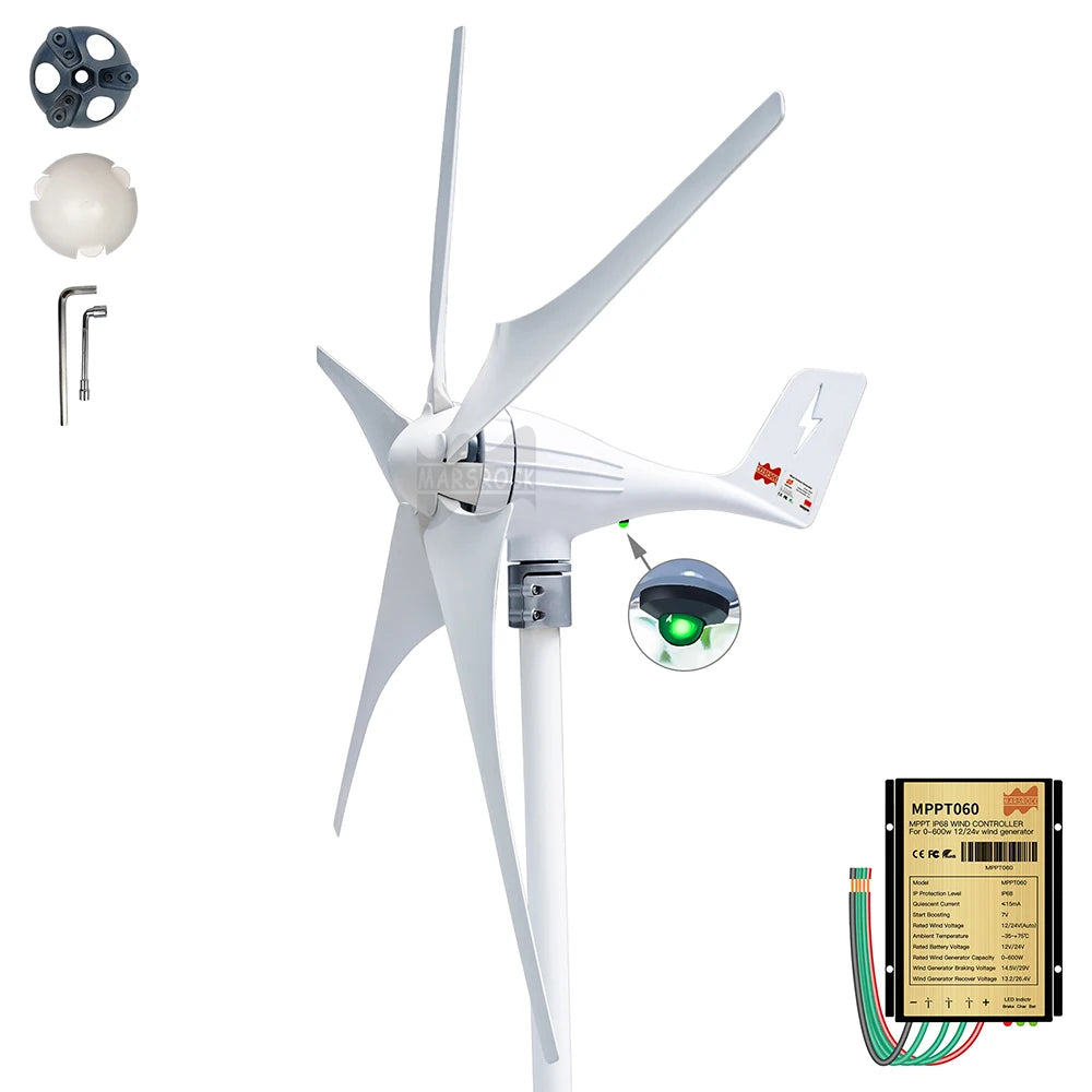 600W 12V 24V Wind Turbine Generator 3 5 Blades Residential wind Generator with Free MPPT Controller